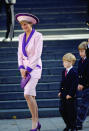 <p>The princess is wearing a bold pink-and-purple suit designed by Catherine Walker. (Photo: Tim Graham/Getty Images) </p>