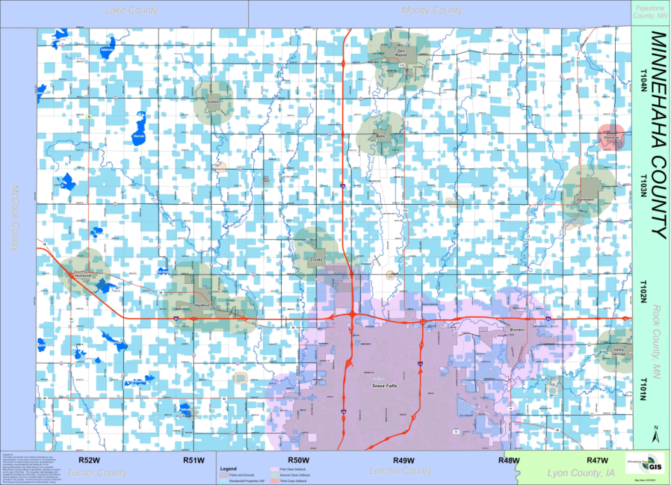 A map showing various setback boundaries for carbon dioxide and other transmission pipelines in Minnehaha County. The blue areas indicate a 330-foot setback for residential homes, businesses and churches. The white space indicates where carbon companies could route their pipeline.