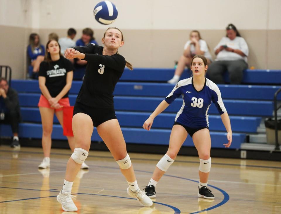 Danville’s Carlea Beckman (3) bumps the ball in the Bear’s 3-0 win over Lone Tree at Danville Monday evening. Beckman was recognized with getting her 500th career dig.