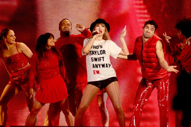 John Shearer/Getty Taylor Swift in Ashish tee.