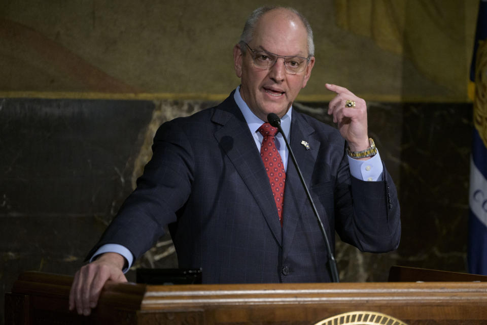 FILE - Louisiana Gov. John Bel Edwards speaks about the investigation into the death of Ronald Greene in Baton Rouge, La., Feb. 1, 2022. (AP Photo/Matthew Hinton, file)