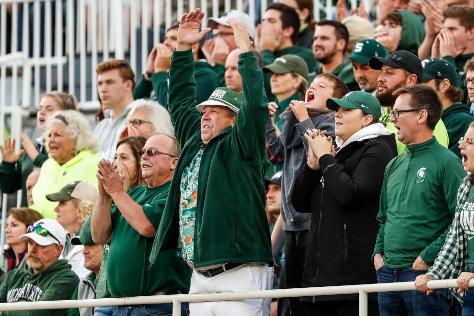 Michigan State fans cheer for the Spartans against Indiana during the second half at Spartan Stadium in East Lansing, Saturday, Sept. 28, 2019.