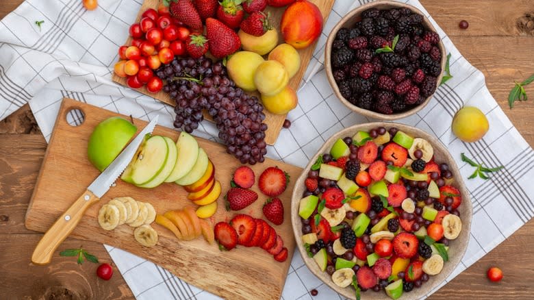 cutting board, sliced fruit