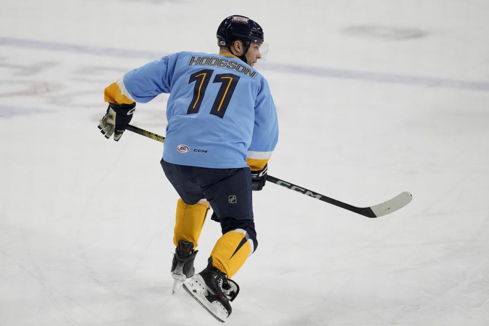 Milwaukee Admirals' Cody Hodgson skates during an American Hockey League game against the Rockford Icehogs on Friday, March 1, 2024, in Milwaukee. Hodgson is a former NHL player who retired from hockey eight years ago due to a muscle disorder but is now making a comeback. (AP Photo/Morry Gash)