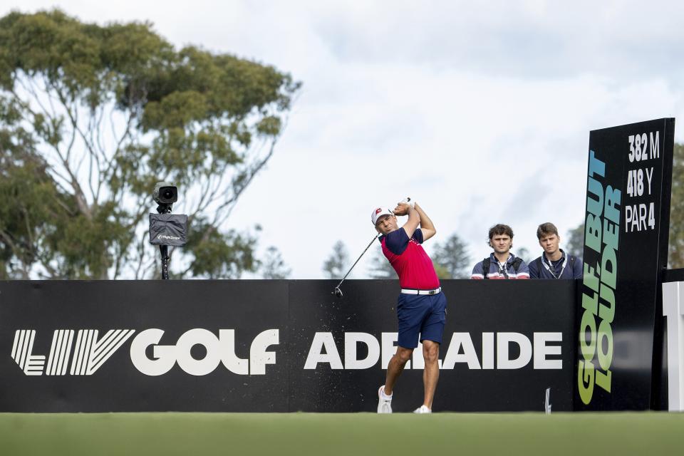 Captain Sergio Garcia of Fireballs GC hits his shot from the 11th tee during the practice round for LIV Golf Adelaide at the Grange Golf Club Thursday, April 25, 2024, in Adelaide, Australia. (Charles Laberge/LIV Golf via AP)