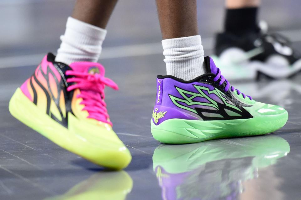 The Puma MB.02 shoes worn by Douglass players photographed during the 2023 Class 2A TSSAA BlueCross Boys Basketball quarterfinals at Murphy Center Complex in Murfreesboro, Tenn. on Thursday, March 16, 2023.