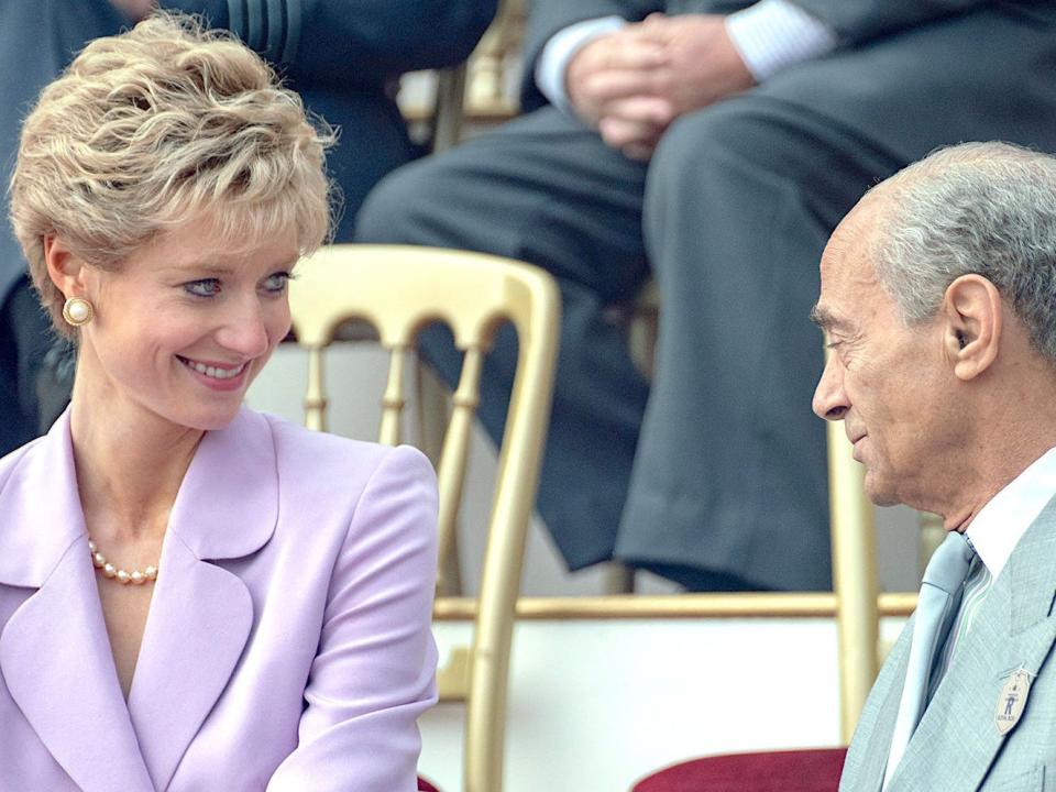 Elizabeth Debicki as Princess Diana and Salim Daw as Mohamed Al-Fayed in season five of "The Crown."