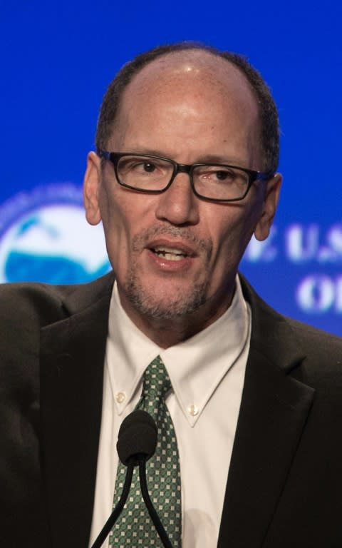 Former US Labor Secretary and newly elected DNC chair Tom Perez, seen in 2016, won 235 votes against 200 for US Rep. from Minnesota Keith Ellison