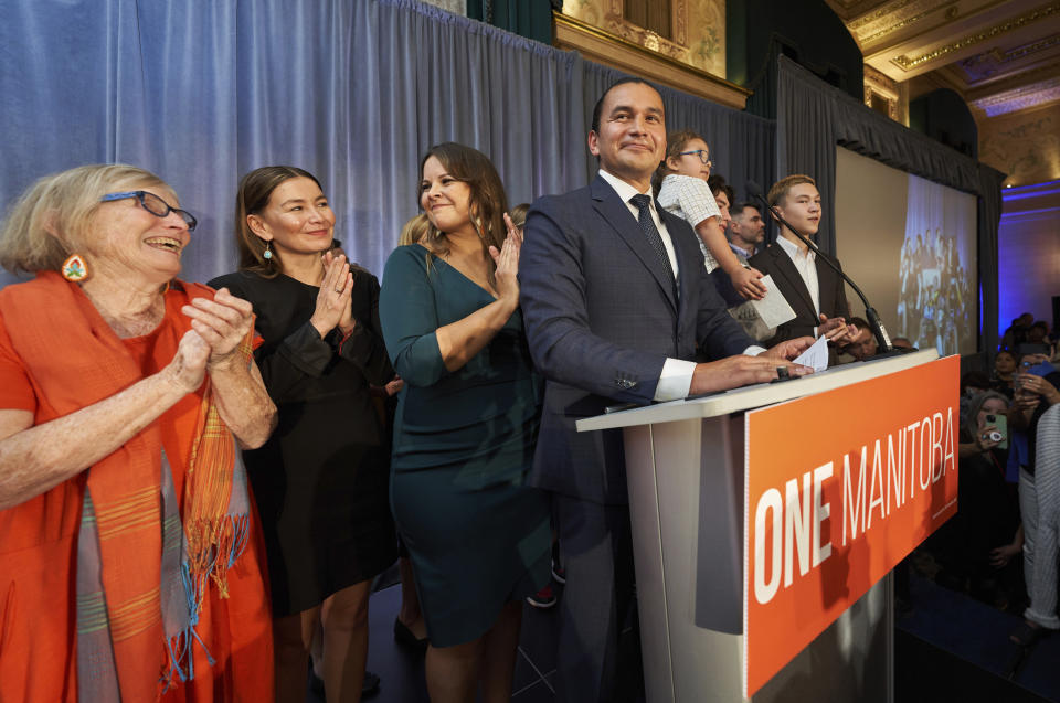 Manitoba NDP leader Wab Kinew delivers his victory speech after winning the Manitoba Provincial election in Winnipeg, Manitoba, Tuesday, Oct. 3, 2023. The Canadian province of Manitoba has elected the first First Nations premier of a province in Canada. (David Lipnowski/The Canadian Press via AP)