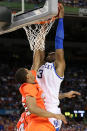 NEW ORLEANS, LA - MARCH 31: Terrence Jones #3 of the Kentucky Wildcats puts up a shot over Wayne Blackshear #25 of the Louisville Cardinals during the National Semifinal game of the 2012 NCAA Division I Men's Basketball Championship at the Mercedes-Benz Superdome on March 31, 2012 in New Orleans, Louisiana. (Photo by Ronald Martinez/Getty Images)