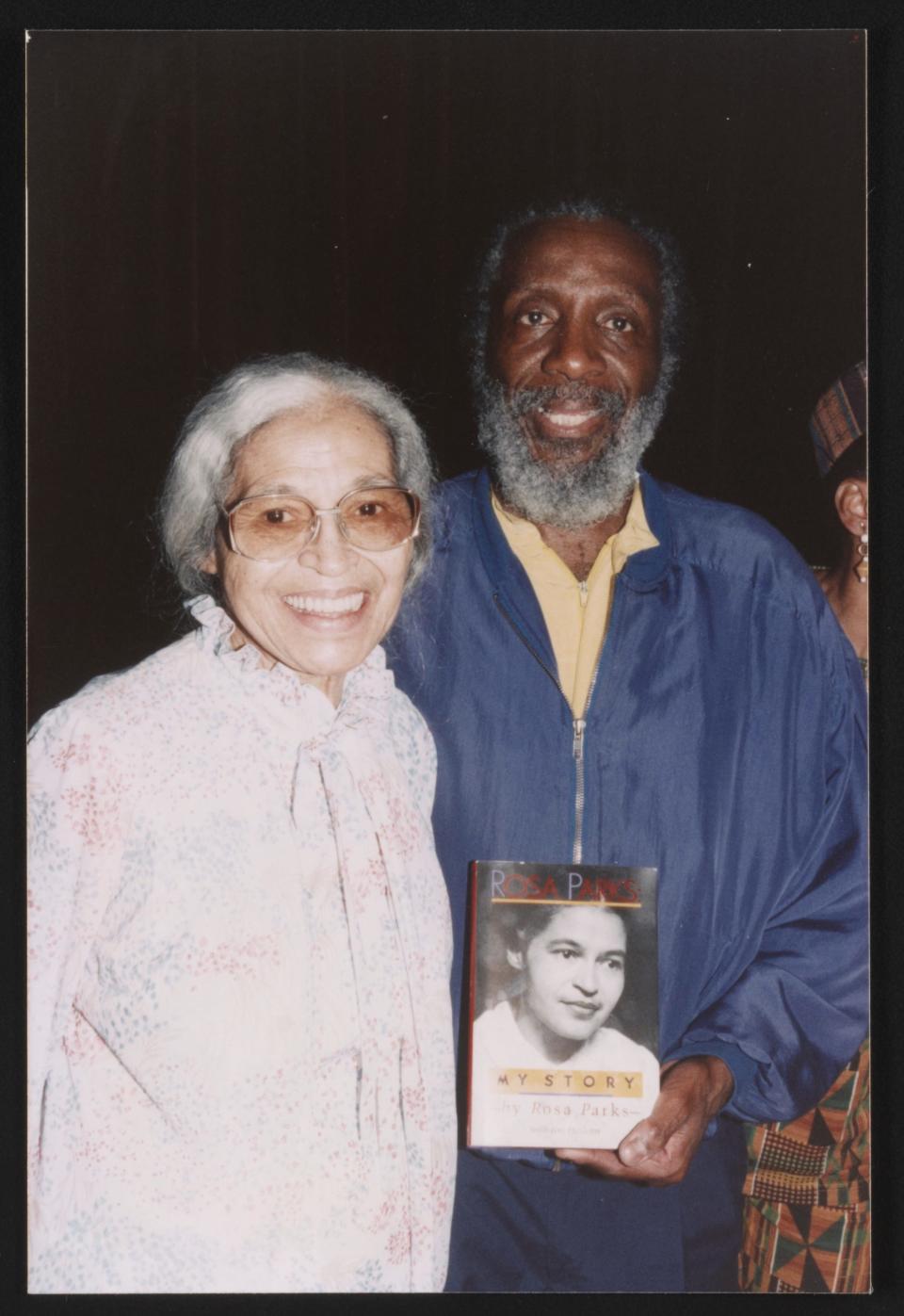 Comedian Dick Gregory, here with civil rights icon Rosa Parks in a photo from the Rosa Parks Papers. [Via MerlinFTP Drop]