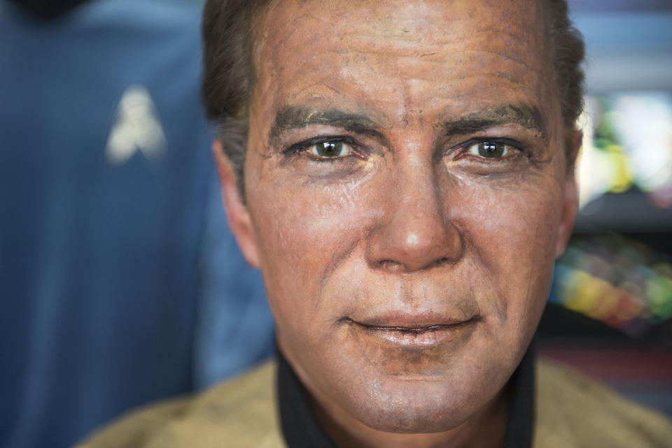 This Saturday, March 25, 2017 photo shows a close up of Captain Kirk's wax likeness from the now out of business Movieland Wax Museum in Buena Park in a hangar at Fullerton Airport in Fullerton, Calif. Steven Greenthal and Chris Liebl are donating the figures to the Hollywood Science Fiction Museum. The figures are being restored for a five-year tour to raise money to get the museum a permanent home. (Nick Agro/The Orange County Register via AP)