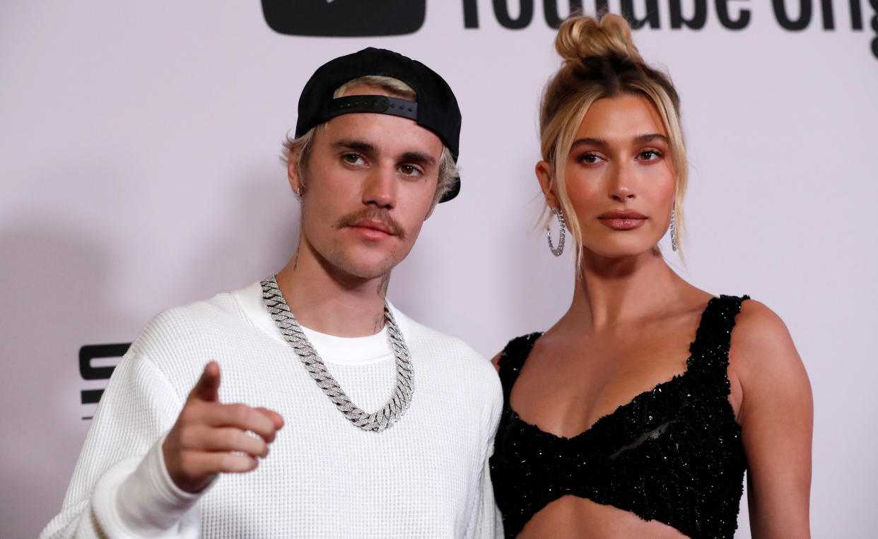 Singer Justin Bieber and his wife Hailey Baldwin pose at the premiere for the documentary television series 