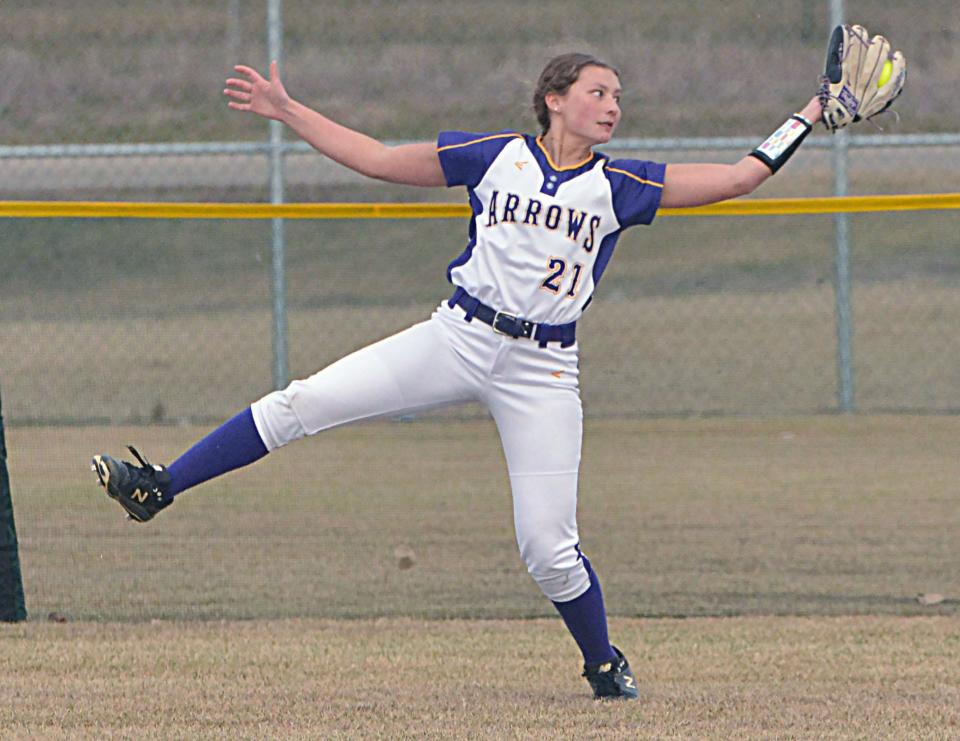 Watertown right fielder Lauryn Hirsch hauls in a fly ball during a high school softball game against Brookings on Tuesday, April 9, 2024 at the Premier Softball Complex. Brookings won 11-7.