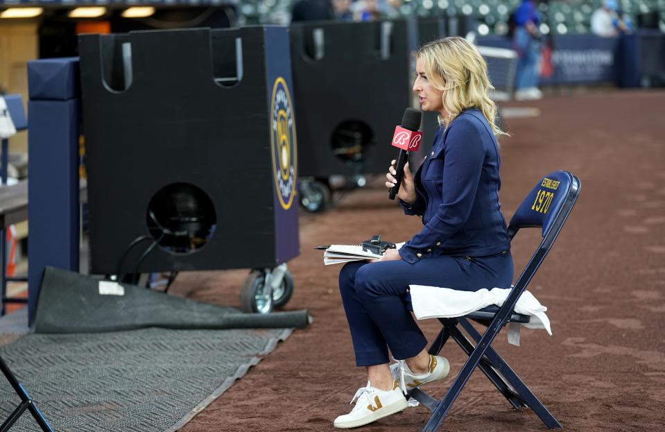 Sophia Minnaert reports from the field for Bally Sports before the Milwaukee Brewers home opener against the New York Mets Monday, April 3, 2023 at American Family Field in Milwaukee, Wis.