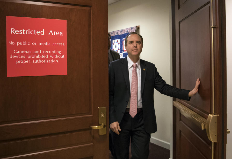 FILE - In this March 22, 2018 file photo, Rep. Adam Schiff, D-Calif., ranking member of the House Intelligence Committee, exits a secure area to speak to reporters, on Capitol Hill in Washington. The House intelligence committee is expected to vote to send more than 50 interview transcripts to special counsel Robert Mueller. The panel is meeting Wednesday for the first time since a Democrat, Adam Schiff of California, became chairman with the new House majority. Schiff has long said that sending the transcripts from the panel’s now-closed investigation into Russian election interference to the special counsel’s office would be one of his top priorities. (AP Photo/J. Scott Applewhite)