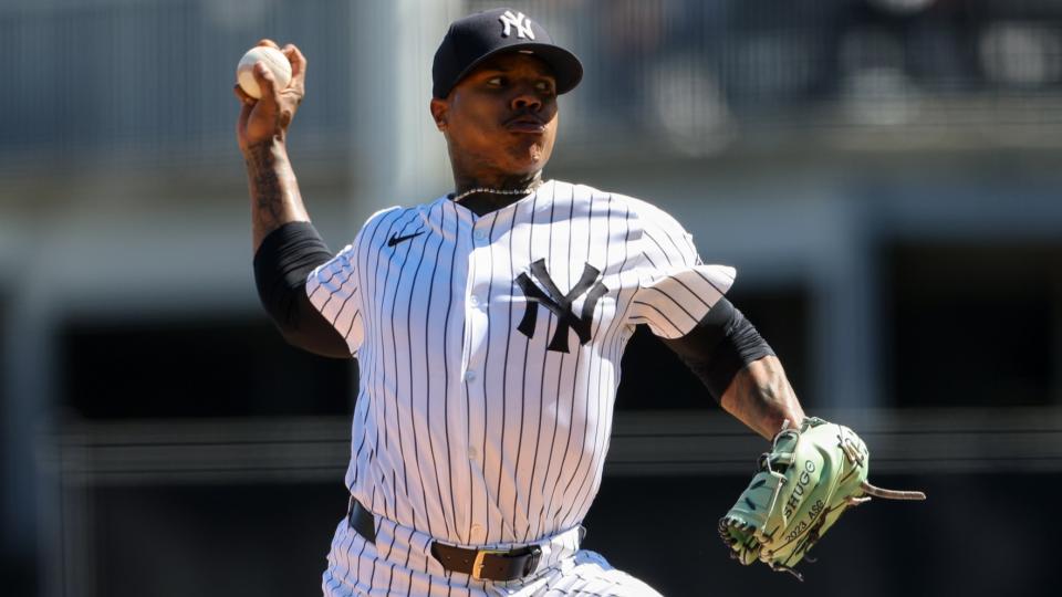 Feb 19, 2024; Tampa, FL, USA; New York Yankees starting pitcher Marcus Stroman (0) participates in spring training workouts at George M. Steinbrenner Field.