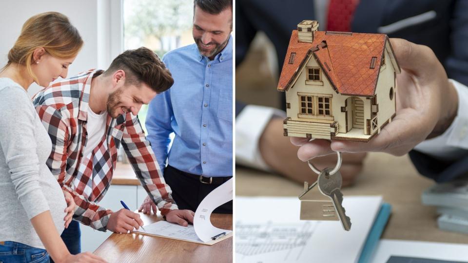 A couple signing a contract on the left and a hand holding a model house on the right.