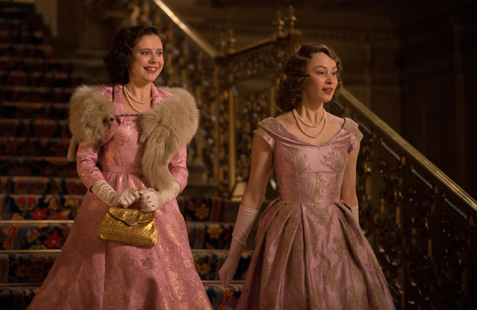 Princesses Margaret (Bel Powley) and Elizabeth (Sarah Gadon) are allowed out to join the celebrations on VE Day in A Royal Night Out. (Lionsgate)