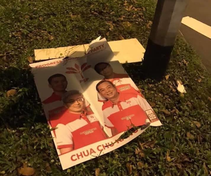 Defaced Progress Singapore Party (PSP) posters during the General Election campaigning period. (PHOTO: Facebook/PSP)