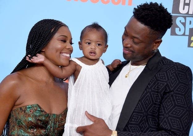 Gabrielle Union, Kaavia James Union Wade, and Dwyane Wade are seen at the 2019 Nickelodeon Kids' Choice Sports event