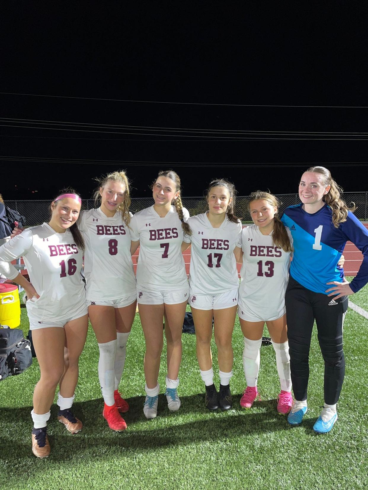 Byron-Bergen's Ava Gray, Mia Gray, Grace DiQuattro, Elizabeth Starowitz and goalkeeper Natalie Prinzi after upsetting previously unbeaten No. 1 Gananda 4-1 in the Section V Class C2 semifinals Tuesday, Oct. 25 at Pittsford Sutherland.