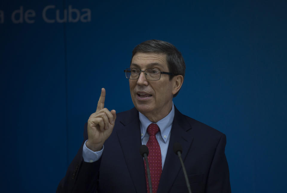 Cuba´s Foreign Minister Bruno Rodriguez speaks during a press conference in Havana, Cuba, Tuesday, July 13, 2021. Rodriguez spoke after a rare outpouring of weekend protests over high prices and food shortages in the island nation where little dissent against the government is tolerated. (Pool AP Photo/Ismael Francisco)