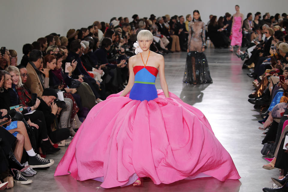 A model wears a creation for Schiaparelli Haute Couture Spring/Summer 2020 fashion collection presented Monday Jan.20, 2020 in Paris (AP Photo/Francois Mori)