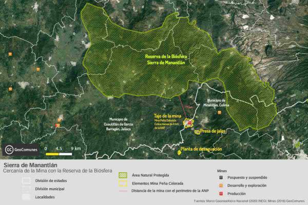 Mapa en donde se muestra la ubicación de la Reserva de la Biósfera Sierra de Manantlán y de la Mina Peña Colorada