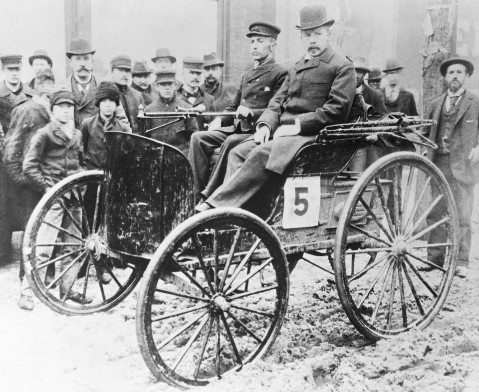 Frank Duryea in his race-winning automobile. (Bettmann Archives/Getty Images)