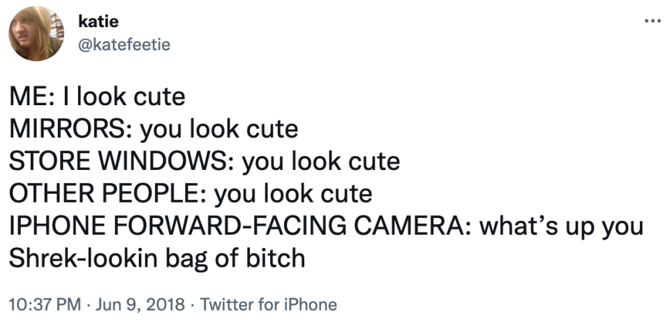me: i look cute. mirrors: you look cute. store windows: you look cute. other people: you look cute. iphone foward-facing camera; what's up you shrek-looking bag of bitch