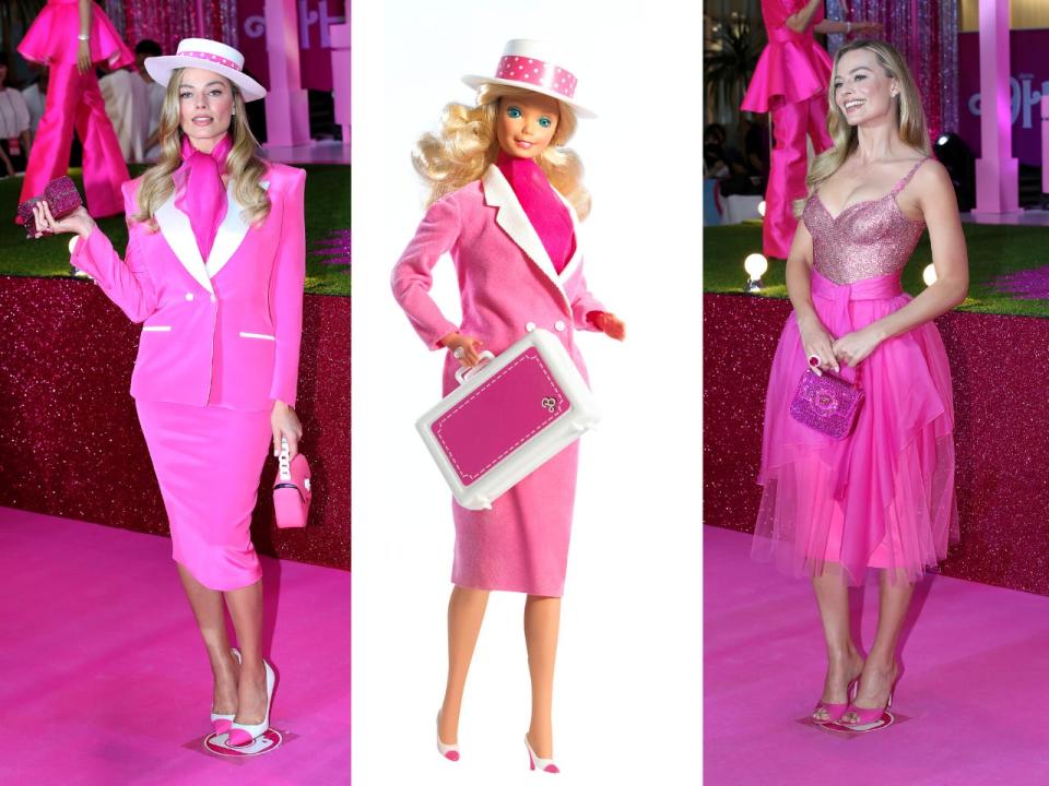 A composite of Margot Robbie wearing a pink suit and a white hat next an image of a Barbie doll wearing a similar outfit and Margot Robbie sitting in a chair while wearing a pink dress while carrying a small pink handbag.