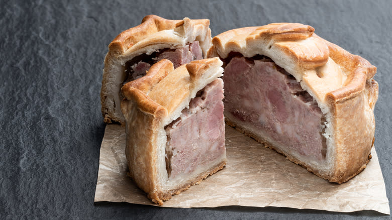 Pork pie on black slab