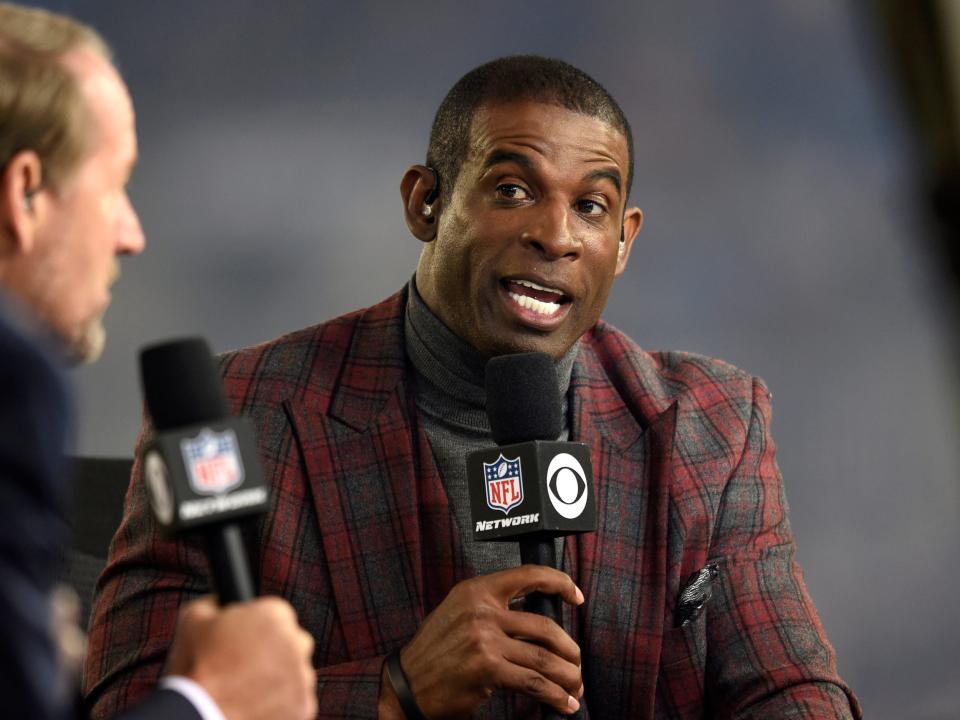 Deion Sanders speaks on a broadcast with the NFL Network.