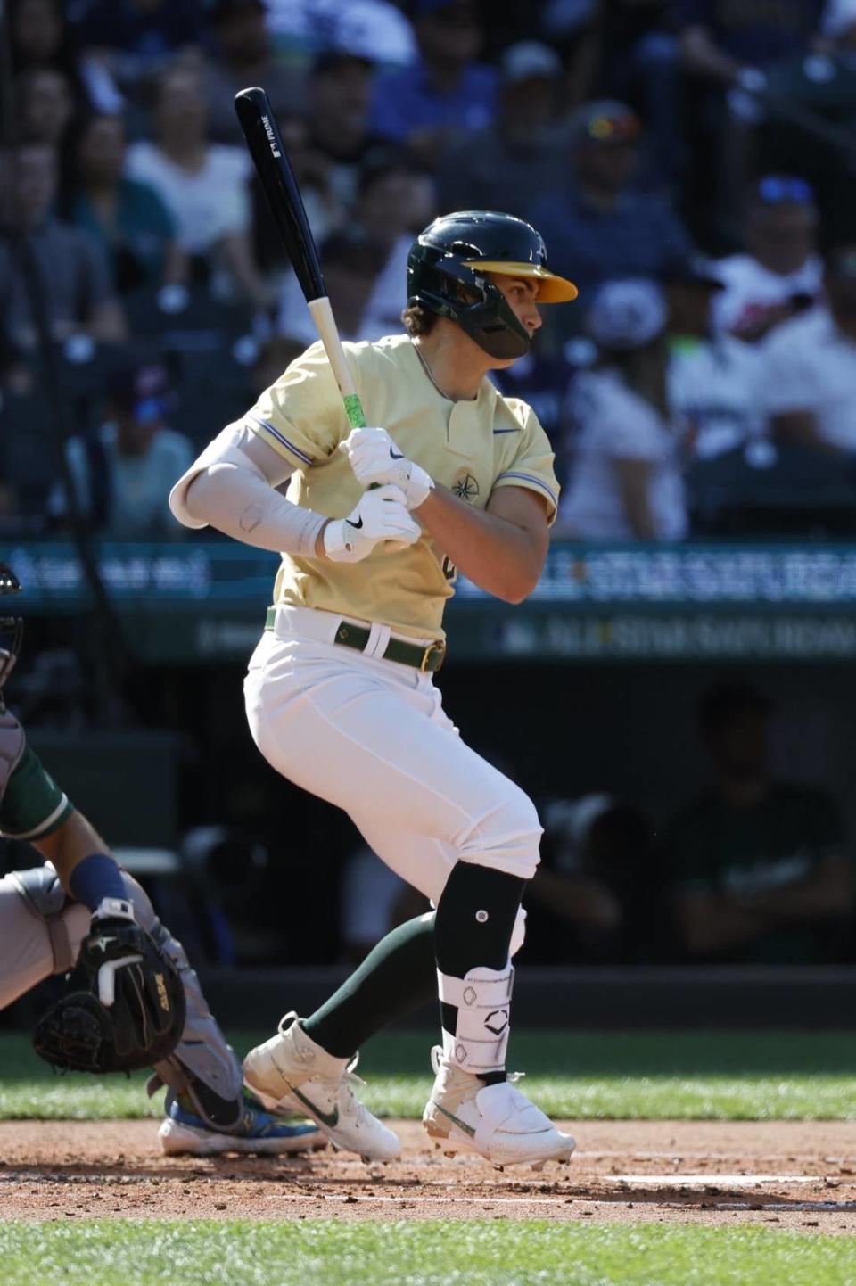 American League Futures first baseman Tyler Soderstrom (21) of the Oakland Athletics hits a single against the National League Futures during the second inning of the All Star-Futures Game at T-Mobile Park in Seattle, Washington, July 8, 2023.