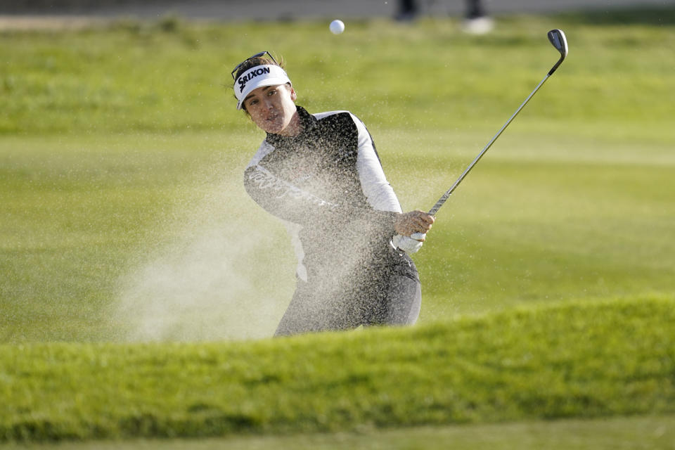 Hannah Green hits from the sand on to the 16th green during the second round of the LPGA's Palos Verdes Championship golf tournament on Friday, April 29, 2022, in Palos Verdes Estates, Calif. (AP Photo/Ashley Landis)