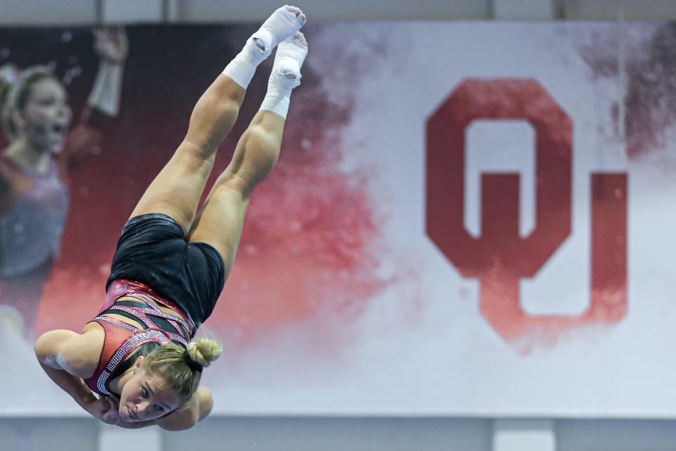 OU women's gymnast Ragan Smith works on her routine during practice Tuesday in Norman.