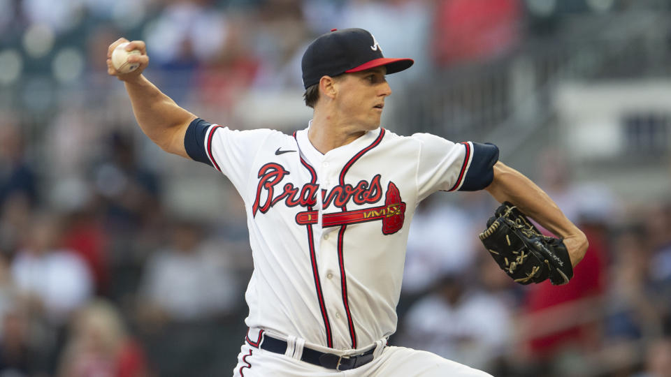 Atlanta Braves starting pitcher Kyle Wright throws against the Colorado Rockies in the first inning of a baseball game Wednesday, Aug. 31, 2022, in Atlanta. (AP Photo/Hakim Wright Sr.)