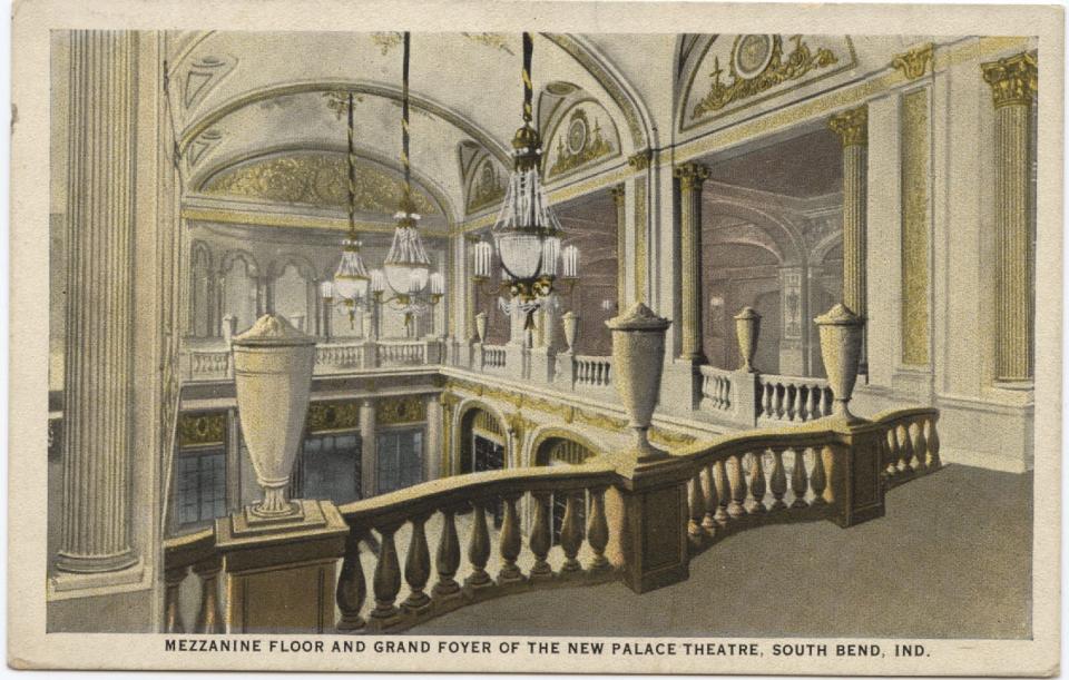 This photo provided by The History Museum shows the mezzanine and grand foyer of the Palace Theater in South Bend when it was new. It opened Nov. 2, 1922.