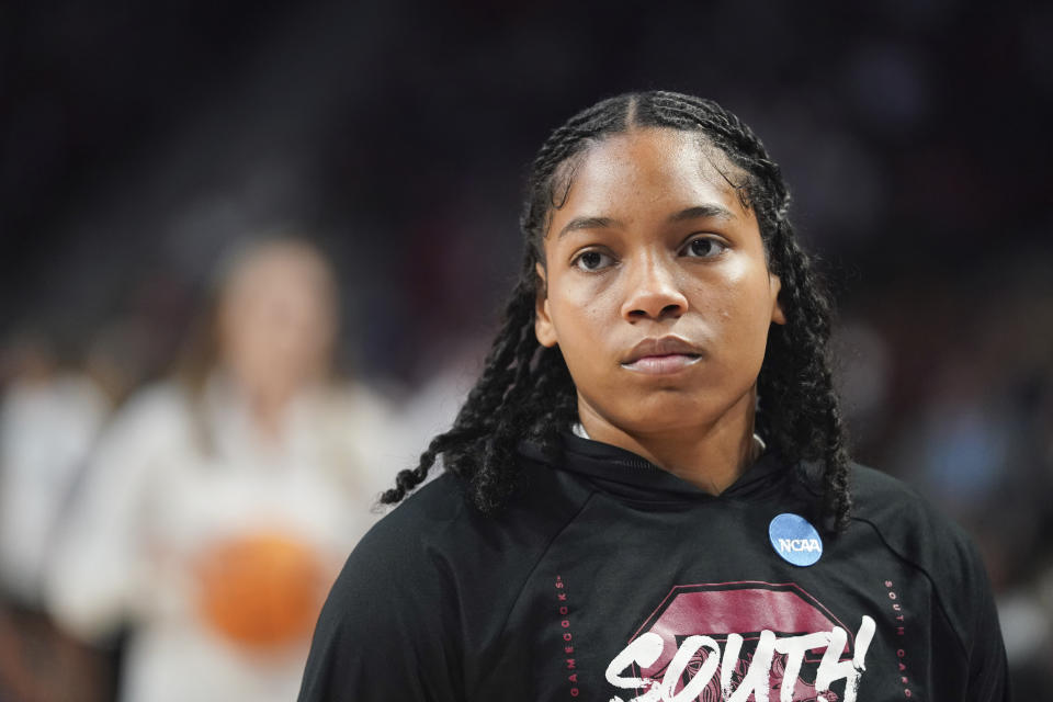 South Carolina guard Zia Cooke warms up before a second-round college basketball game against South Florida in the NCAA Tournament, Sunday, March 19, 2023, at Colonial Life Arena in Columbia, S.C March Madness may have been the last time for fans to see many of the talented college women players compete. Players' options for professional basketball careers are limited, whether in the U.S. or overseas — the jobs just aren't there. (AP Photo/Sean Rayford)