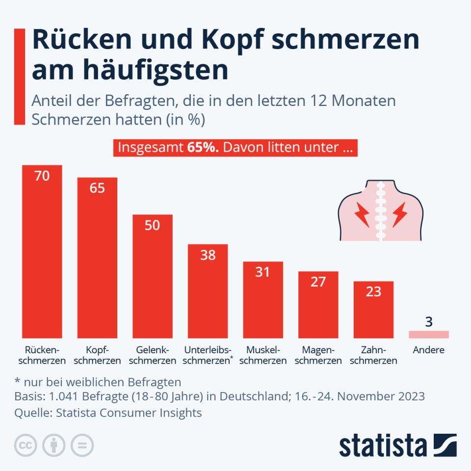 Rücken und Kopf schmerzen am häufigsten. (Quelle: Statista)