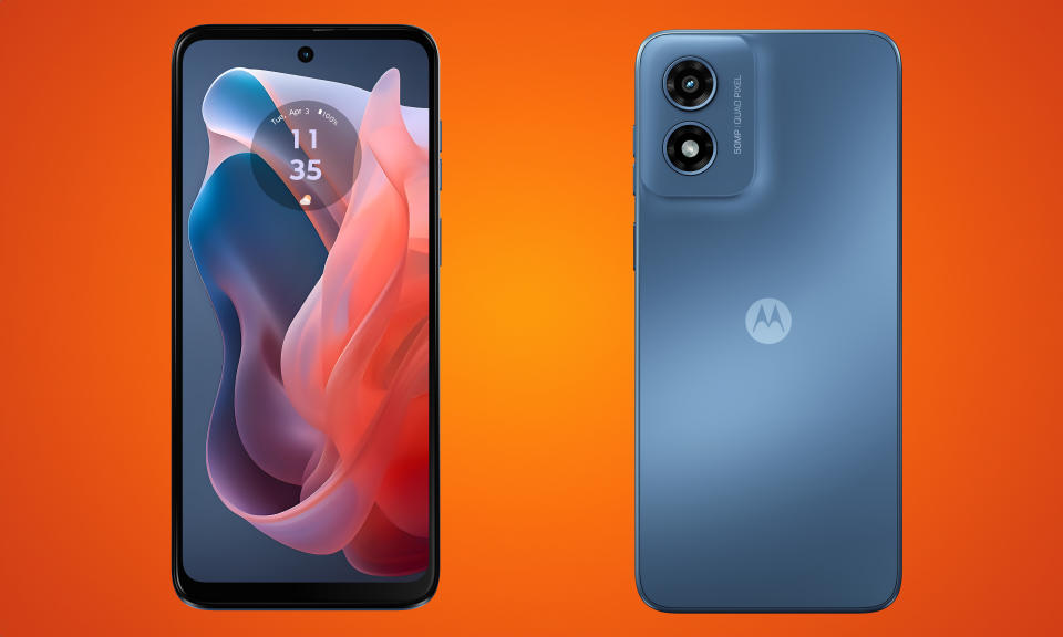 Marketing image of the Moto G Play. The front of the phone is on the left and its back is on the right. Orange gradient background.