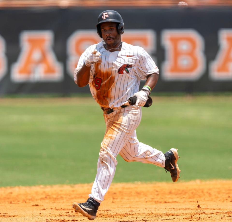Florida A&M leadoff hitter Ty Jackson takes a lap around the bases after blasting a homerun on Senior Day against the Mississippi Valley State in an NCAA Southwestern Athletic Conference baseball game at Moore-Kittles Field in Tallahassee, Florida, Friday, May 17, 2024.