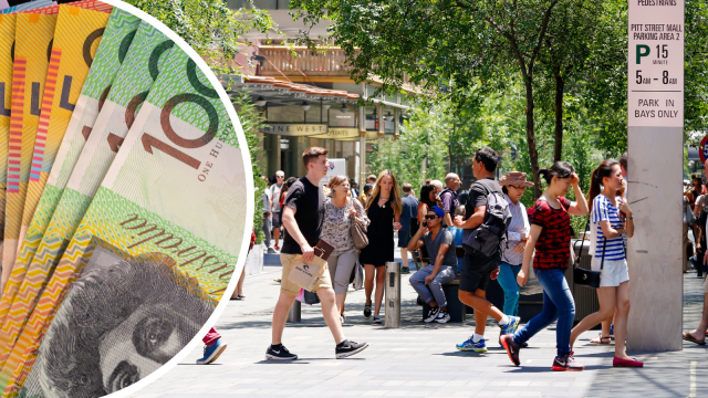 Australian walking. Australian money notes. Payment.