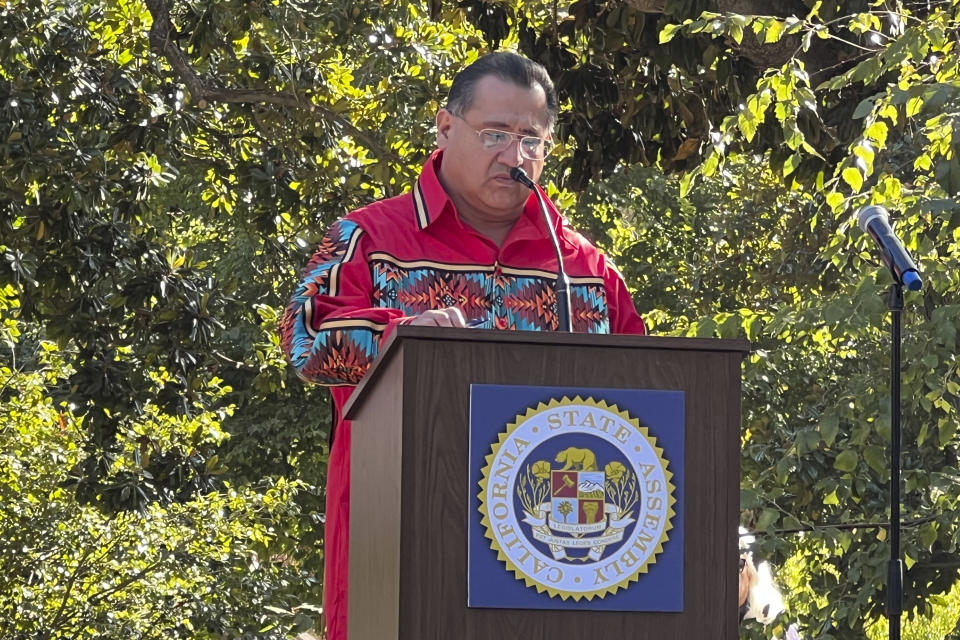 Democratic Assemblymember James C. Ramos speaks during a ceremony that unveiled a Native American monument in Sacramento, Calif., Tuesday, Nov. 7, 2023. California lawmakers and Native American tribes celebrated the unveiling of a monument outside of the state Capitol building to commemorate the history of Sacramento-area tribes. Ramos, the first Native American in the state Legislature, authored legislation in 2021 to build the monument on state Capitol grounds. (AP Photo/Sophie Austin)