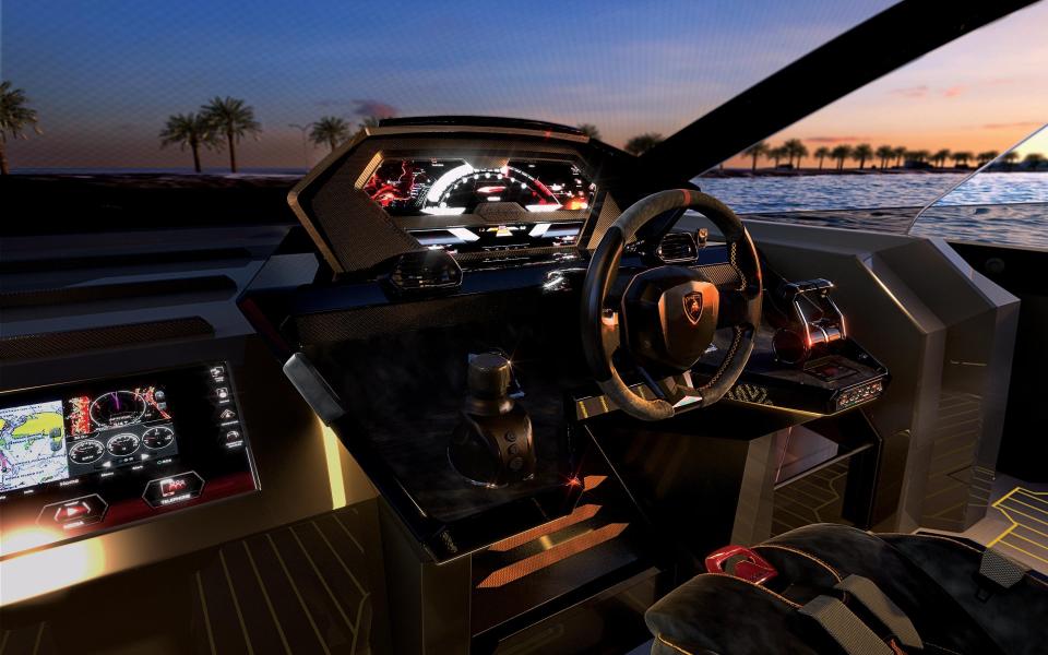 Supercar styling inside the Tecnomar for Lamborghini boat