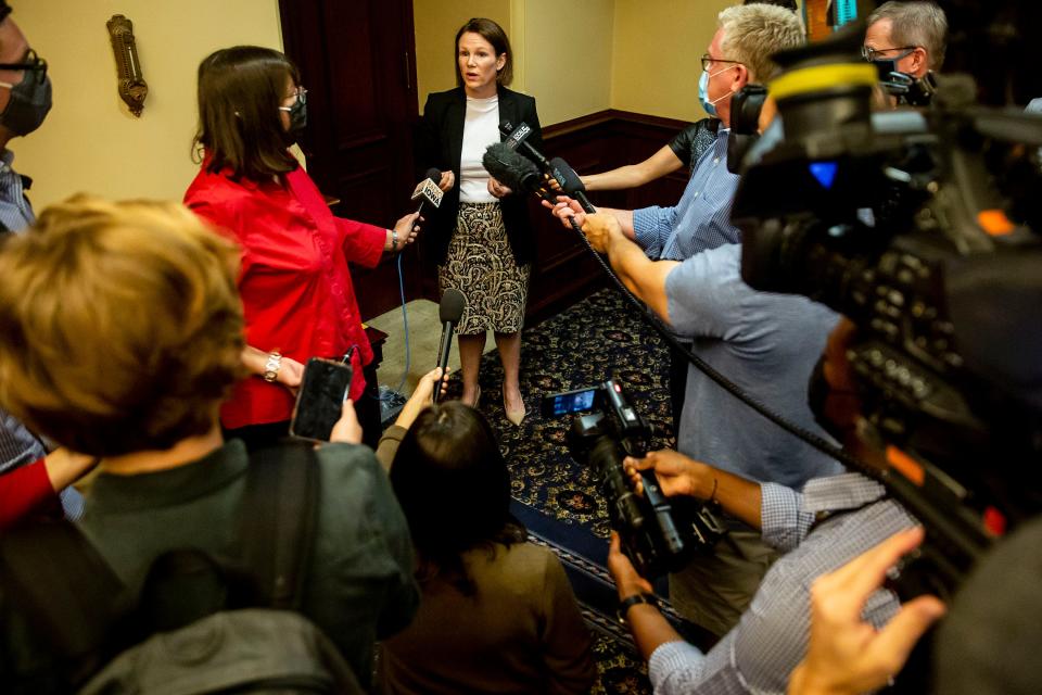 Director of the Iowa Department of Human Services Kelly Garcia speaks to the press during a news conference announcing updates to the way the state will share COVID-19 data, on Thursday, Sep. 2, 2021, at the Iowa State Capitol, in Des Moines. 