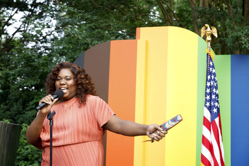 Alex Newell performs during a pride event hosted by Kamala Harris, in Washington, D.C. (Tasos Katopodis / Getty Images for GLAAD)