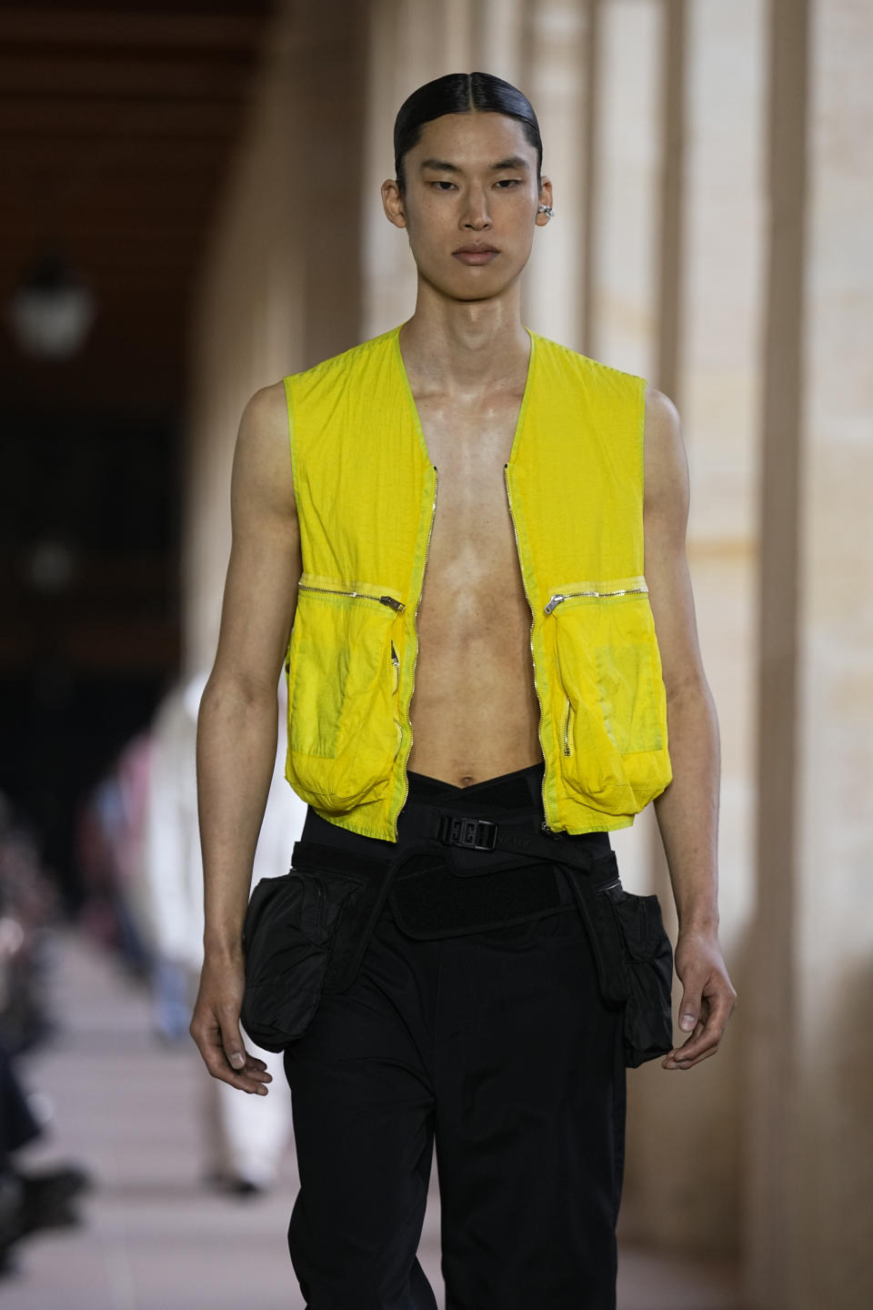 A model wears a creation for Givenchy Menswear Spring/Summer 2024 fashion collection presented in Paris, Thursday, June 22, 2023. (AP Photo/Michel Euler)