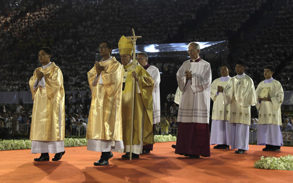 Pope Francis celebrates a Mass at the National Stadium, Thursday, Nov. 21, 2019, in Bangkok, Thailand. (AP Photo/Gregorio Borgia)